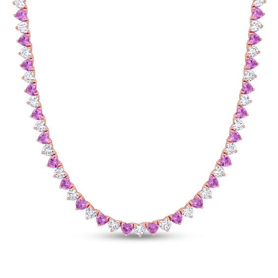 Heart-Shaped Pink and White Lab-Created Sapphire Line Necklace in Sterling Silver with Rose Gold Flash Plate