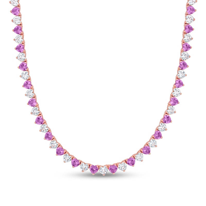 Heart-Shaped Pink and White Lab-Created Sapphire Line Necklace in Sterling Silver with Rose Gold Flash Plate|Peoples Jewellers