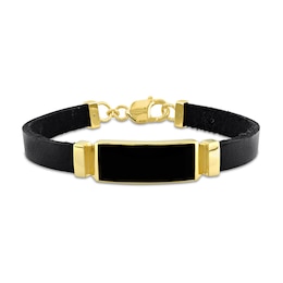 Eternally Bonded Men's Sideways Rectangle Onyx Collar Leather Bracelet in Sterling Silver with Yellow Flash Plate - 9.0&quot;