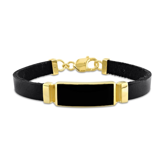 Eternally Bonded Men's Sideways Rectangle Onyx Collar Leather Bracelet in Sterling Silver with Yellow Flash Plate - 9.0"