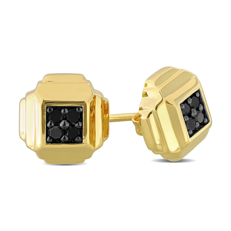 Eternally Bonded Men's 0.19 CT. T.W. Black Diamond Tiered Square Stud Earrings in Sterling Silver with Yellow Flash Plate