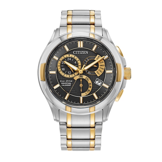 Men's Citizen Eco-Drive® PCAT Chronograph Two-Tone Watch with Black Dial (Model: BL8164-57E)