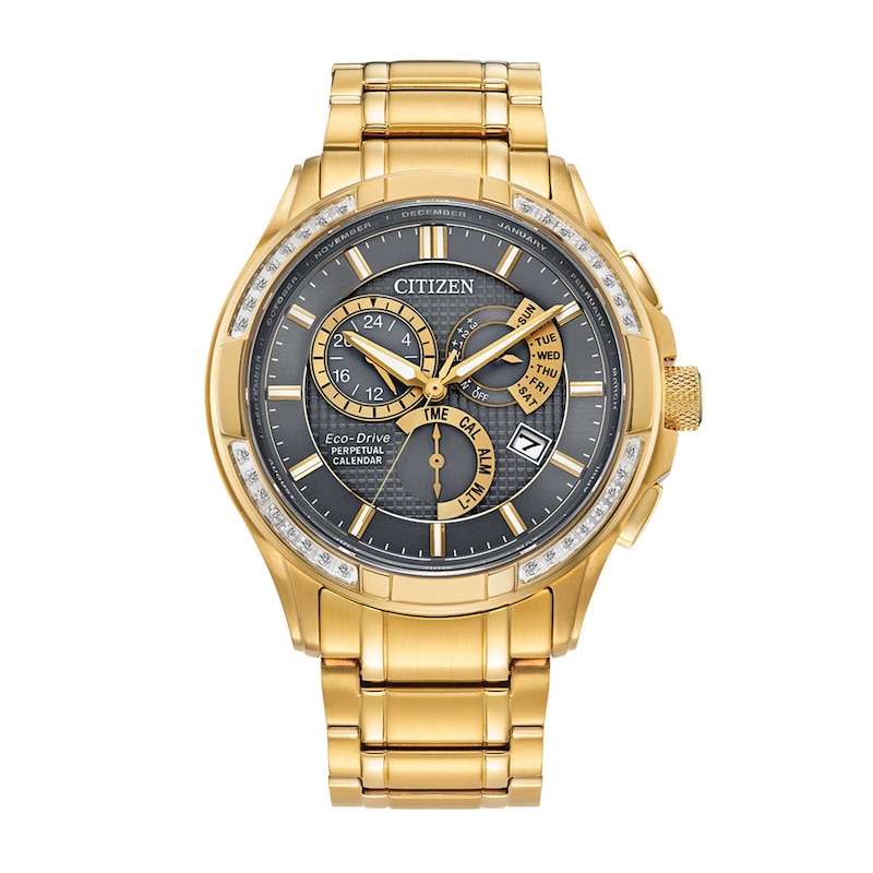 Men's Citizen Eco-Drive® PCAT Diamond Accent Gold-Tone Chronograph Watch with Grey Dial (Model: BL8172-59H)