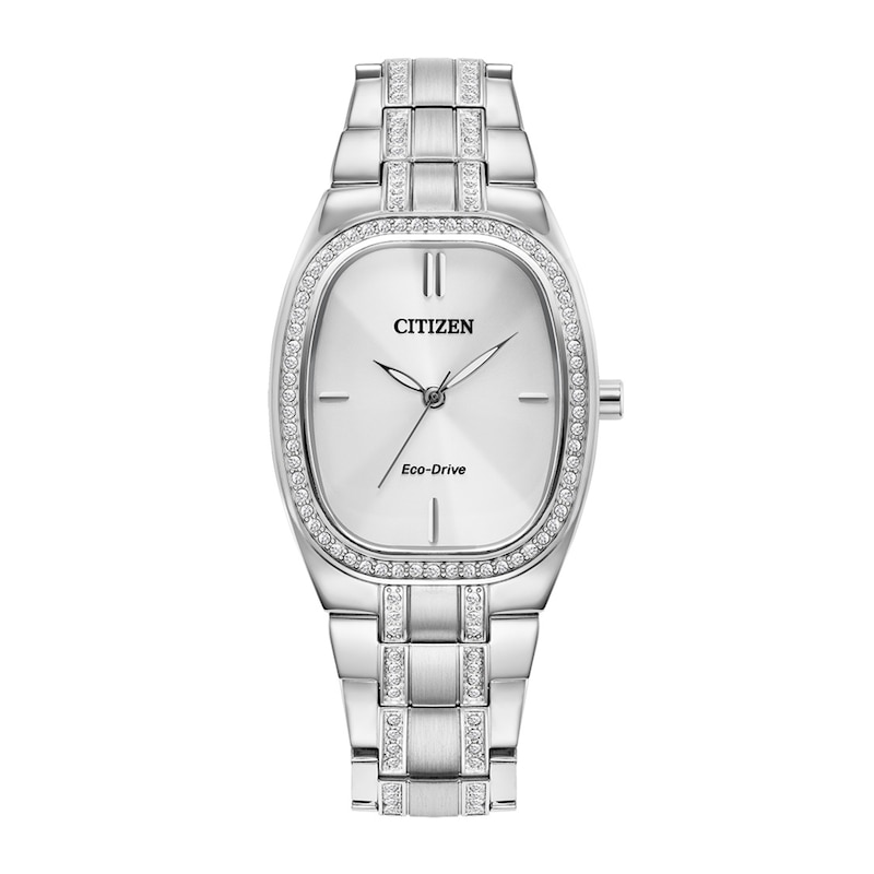 Ladies' Citizen Calibre E031 Crystal Accent Watch with Silver-Tone Tonneau Dial (Model: EM1080-55A)|Peoples Jewellers