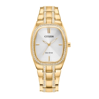 Ladies' Citizen Calibre E031 Crystal Accent Gold-Tone Watch with Silver-Tone Tonneau Dial (Model: EM1082-50A)