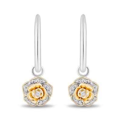 Enchanted Disney Belle 0.085 CT. T.W. Diamond Rose Drop Earrings in Sterling Silver and 10K Gold