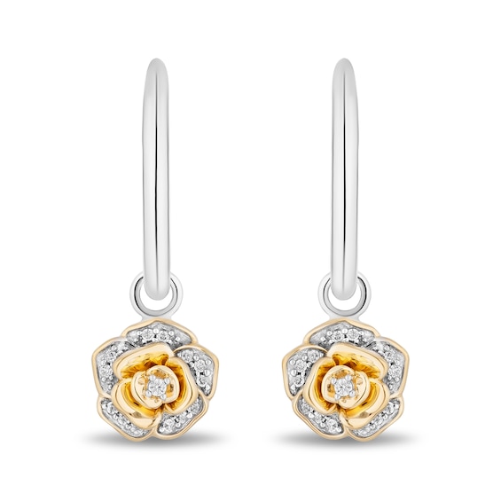 Enchanted Disney Belle 0.085 CT. T.W. Diamond Rose Drop Earrings in Sterling Silver and 10K Gold