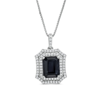 Emerald-Cut Black Lab-Created Sapphire and White Lab-Created Sapphire Ornate Frame Pendant in Sterling Silver