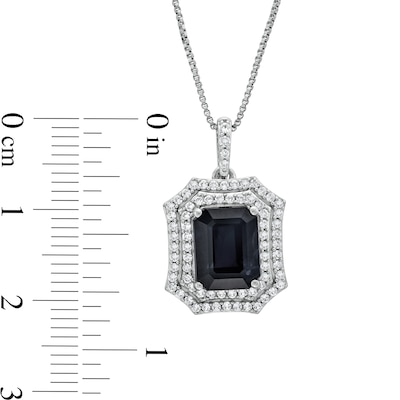 Emerald-Cut Black Lab-Created Sapphire and White Lab-Created Sapphire Ornate Frame Pendant in Sterling Silver