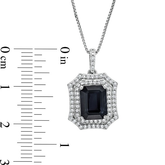 Emerald-Cut Black Lab-Created Sapphire and White Lab-Created Sapphire Ornate Frame Pendant in Sterling Silver