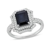 Emerald-Cut Black Lab-Created Sapphire and White Lab-Created Sapphire Ornate Frame Ring in Sterling Silver