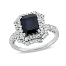 Emerald-Cut Black Lab-Created Sapphire and White Lab-Created Sapphire Ornate Frame Ring in Sterling Silver