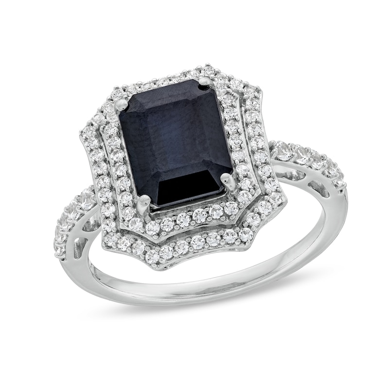 Emerald-Cut Black Lab-Created Sapphire and White Lab-Created Sapphire Ornate Frame Ring in Sterling Silver|Peoples Jewellers