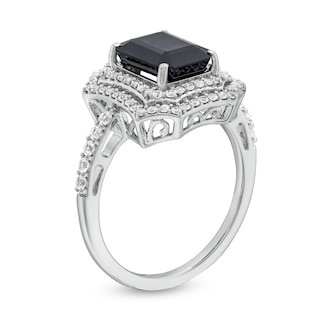 Emerald-Cut Black Lab-Created Sapphire and White Lab-Created Sapphire Ornate Frame Ring in Sterling Silver