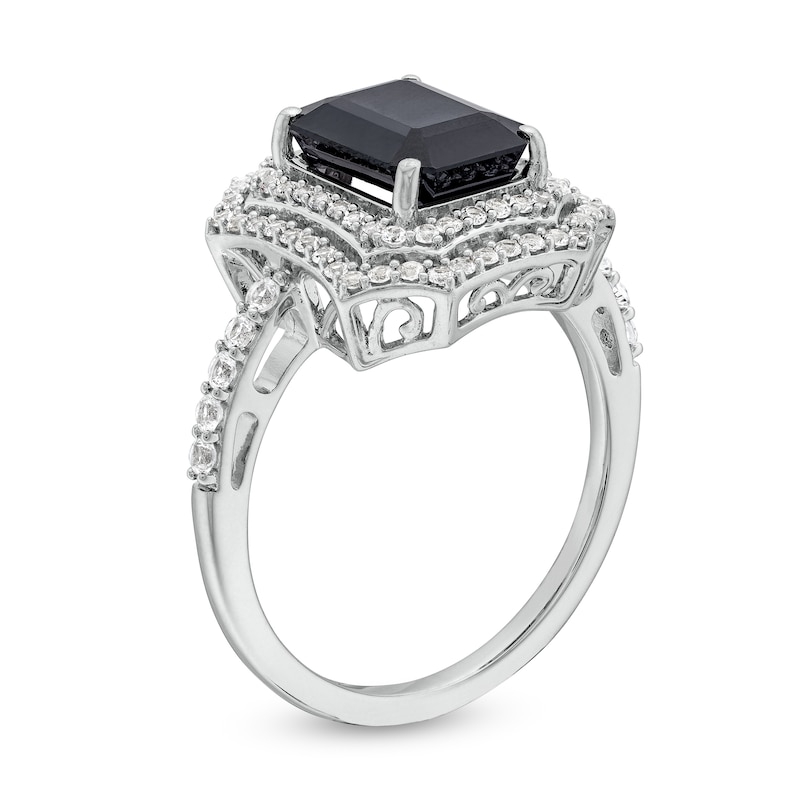 Emerald-Cut Black Lab-Created Sapphire and White Lab-Created Sapphire Ornate Frame Ring in Sterling Silver|Peoples Jewellers