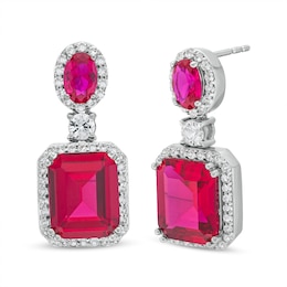 Emerald-Cut Lab-Created Ruby and White Lab-Created Sapphire Frame Dangle Drop Earrings in Sterling Silver