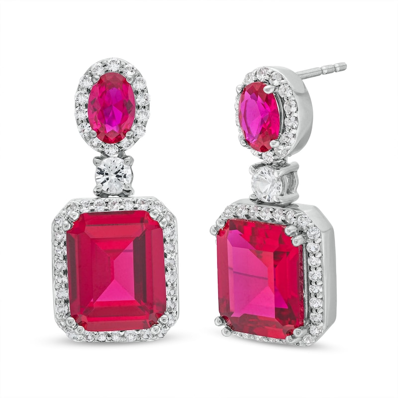 Emerald-Cut Lab-Created Ruby and White Lab-Created Sapphire Frame Dangle Drop Earrings in Sterling Silver|Peoples Jewellers