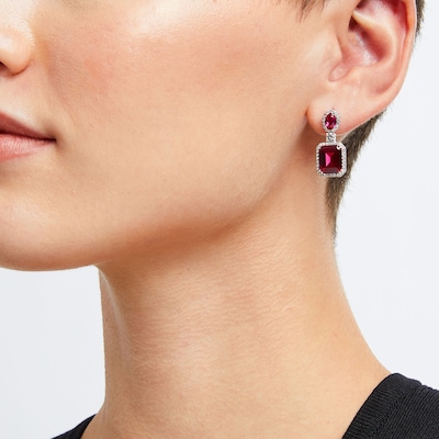 Emerald-Cut Lab-Created Ruby and White Lab-Created Sapphire Frame Dangle Drop Earrings in Sterling Silver