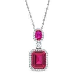 Emerald-Cut Lab-Created Ruby and White Lab-Created Sapphire Frame Dangle Drop Pendant in Sterling Silver