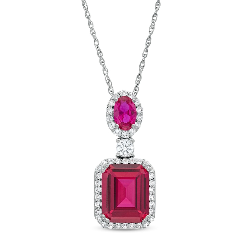 Emerald-Cut Lab-Created Ruby and White Lab-Created Sapphire Frame Dangle Drop Pendant in Sterling Silver|Peoples Jewellers