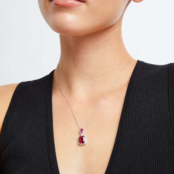 Emerald-Cut Lab-Created Ruby and White Lab-Created Sapphire Frame Dangle Drop Pendant in Sterling Silver