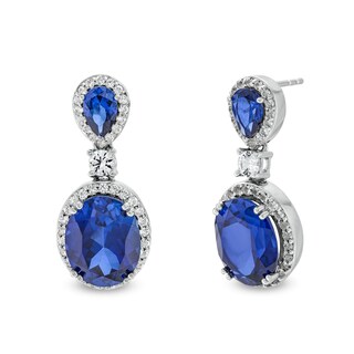 Oval Blue Lab-Created Sapphire and White Lab-Created Sapphire Frame Dangle Drop Earrings in Sterling Silver