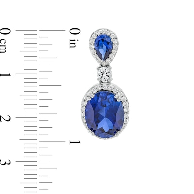 Oval Blue Lab-Created Sapphire and White Lab-Created Sapphire Frame Dangle Drop Earrings in Sterling Silver