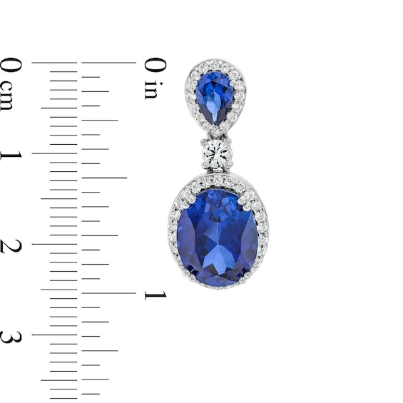 Oval Blue Lab-Created Sapphire and White Lab-Created Sapphire Frame Dangle Drop Earrings in Sterling Silver