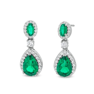 Pear-Shaped Lab-Created Emerald and White Lab-Created Sapphire Frame Dangle Drop Earrings in Sterling Silver