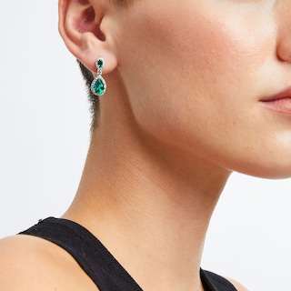 Pear-Shaped Lab-Created Emerald and White Lab-Created Sapphire Frame Dangle Drop Earrings in Sterling Silver