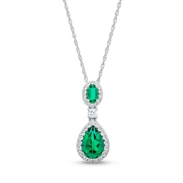 Pear-Shaped Lab-Created Emerald and White Lab-Created Sapphire Frame Dangle Drop Pendant in Sterling Silver