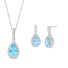Thumbnail Image 0 of Pear-Shaped Swiss Blue Topaz and White Lab-Created Sapphire Frame Drop Pendant and Earrings Set in Sterling Silver