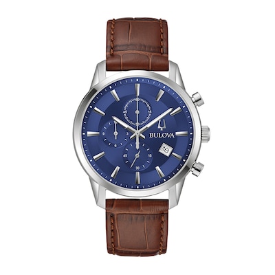 Men's Bulova Classic Sutton Brown Strap Chronograph Watch with Blue Dial (Model: 96B402)