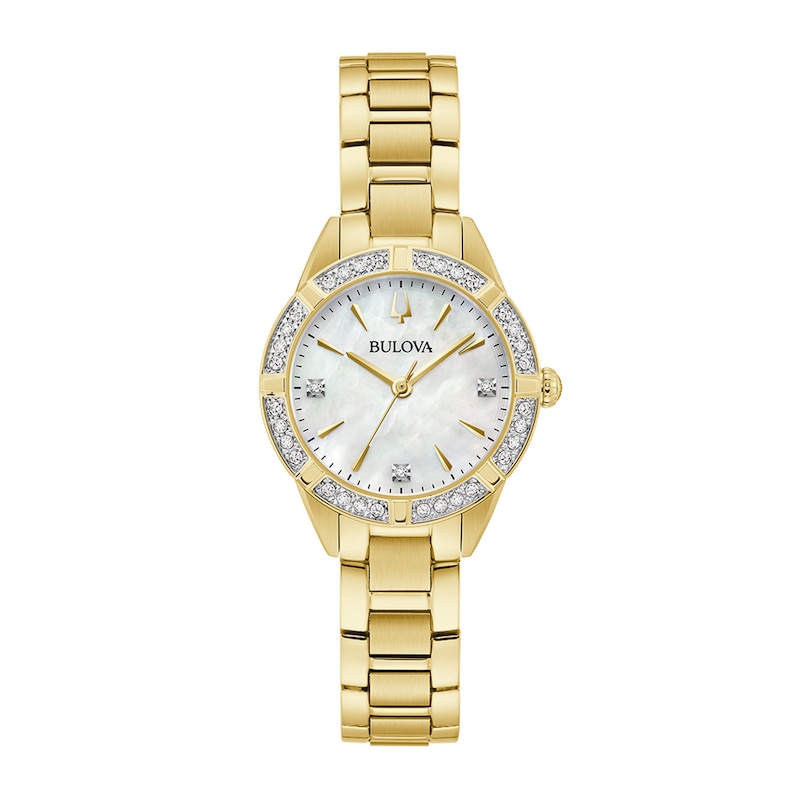 Ladies' Bulova Sutton 0.05 CT. T.W. Diamond Gold-Tone Watch with Mother-of-Pearl Dial (Model: 98R297)|Peoples Jewellers