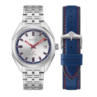 Men's Bulova Jet Star Interchangeable Strap Watch with Red and Blue Accent Dial (Model: 96K112)