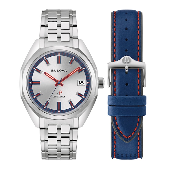 Men's Bulova Jet Star Interchangeable Strap Watch with Red and Blue Accent Dial (Model: 96K112)