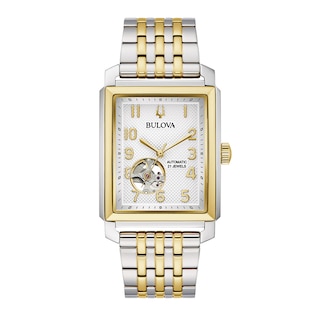 Men's Bulova Sutton Two-Tone Watch with Rectangular White Dial and Skeleton Heart (Model: 98A308)