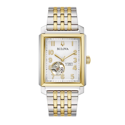 Men's Bulova Sutton Two-Tone Watch with Rectangular White Dial and Skeleton Heart (Model: 98A308)