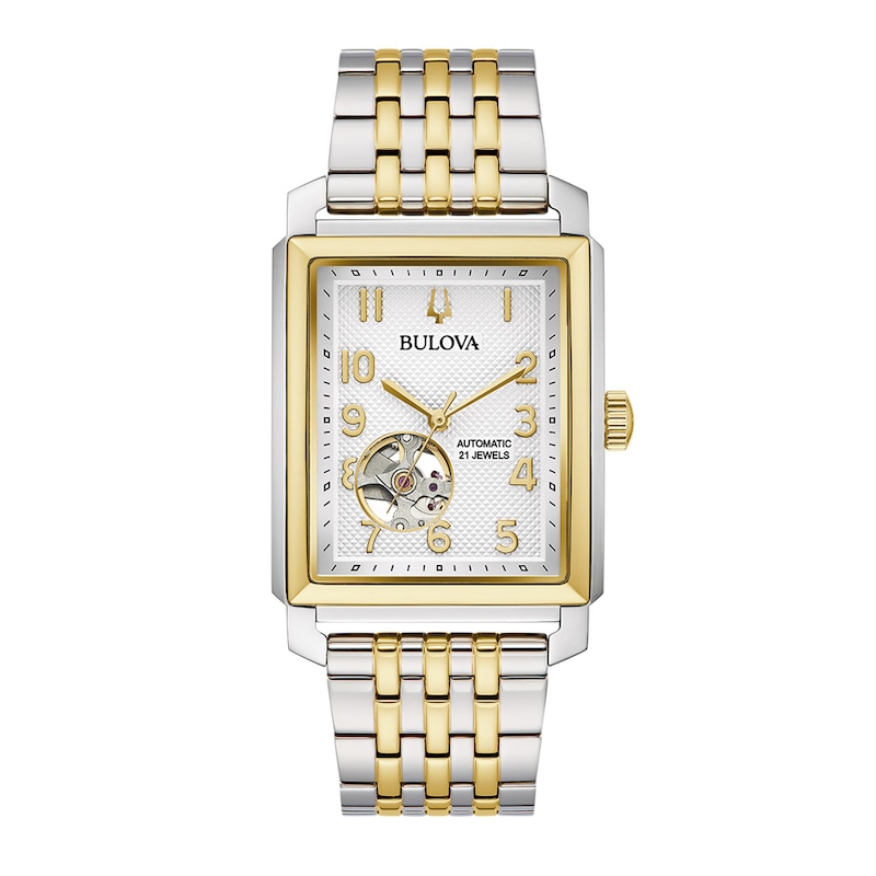 Men's Bulova Sutton Two-Tone Watch with Rectangular White Dial and Skeleton Heart (Model: 98A308)