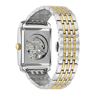 Men's Bulova Sutton Two-Tone Watch with Rectangular White Dial and Skeleton Heart (Model: 98A308)