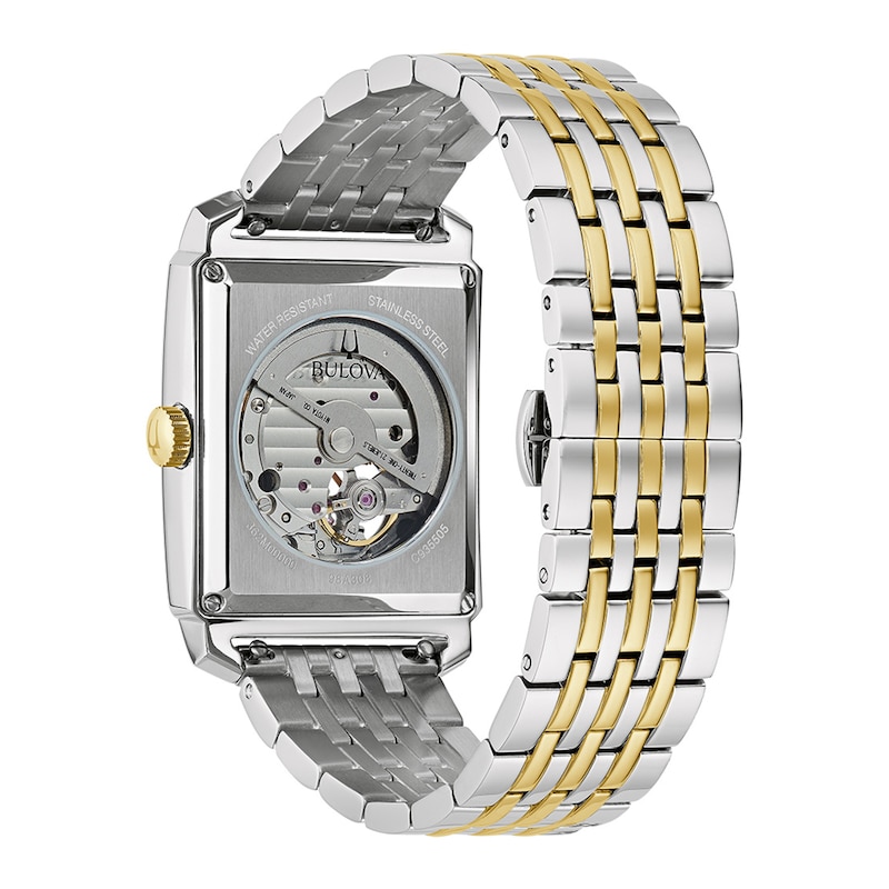 Men's Bulova Sutton Two-Tone Watch with Rectangular White Dial and Skeleton Heart (Model: 98A308)