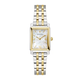 Ladies' Bulova Sutton Two-Tone Watch with Rectangular Mother-of-Pearl Dial (Model: 98L308)