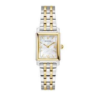 Ladies' Bulova Sutton Two-Tone Watch with Rectangular Mother-of-Pearl Dial (Model: 98L308)