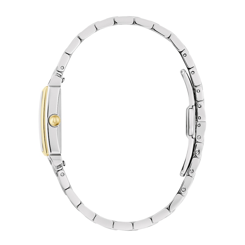 Ladies' Bulova Sutton Two-Tone Watch with Rectangular Mother-of-Pearl Dial (Model: 98L308)