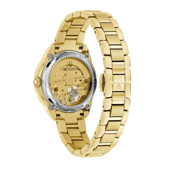 Ladies' Bulova Sutton Gold-Tone Watch with Mother-of-Pearl Dial and Skeleton Heart (Model: 97L172)