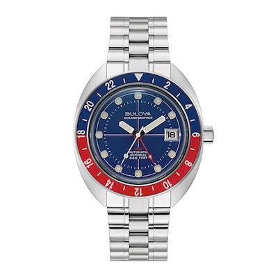 Men's Bulova Oceanographer Red Accent Automatic Watch with Blue Dial (Model: 96B405)