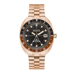 Men's Bulova Oceanographer Rose-Tone Brown Accent Automatic Watch with Black Dial (Model: 97B215)