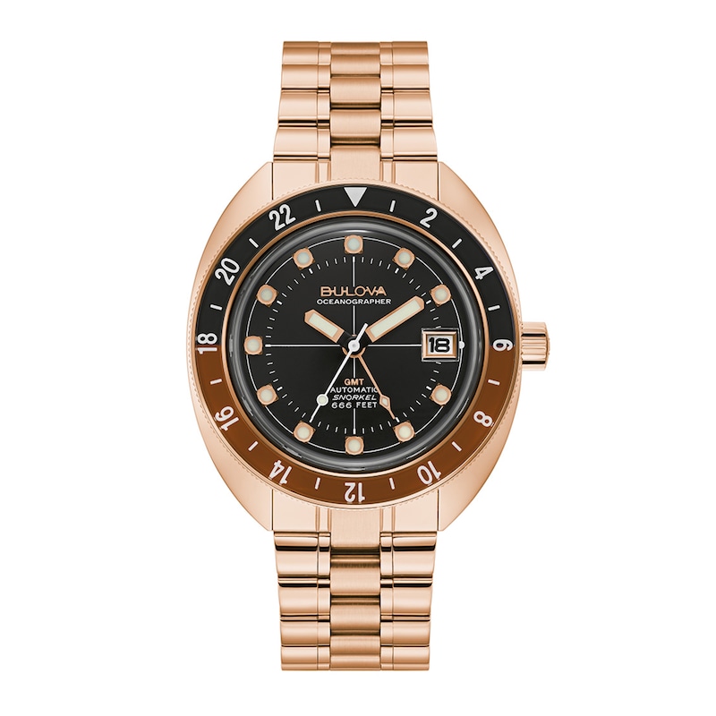 Men's Bulova Oceanographer Rose-Tone Brown Accent Automatic Watch with Black Dial (Model: 97B215)|Peoples Jewellers