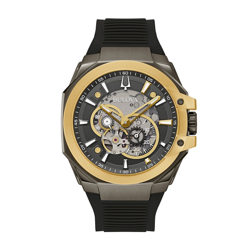 Men's Bulova Maquina Marc Anthony Gold-Tone IP Chronograph Silicone Strap Watch with Grey Skeleton Dial (Model: 98A310)