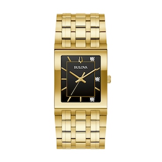 Men's Bulova Quadra Marc Anthony Diamond Accent Gold-Tone Watch with Black Square Dial (Model: 97D132)